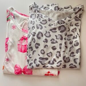 Pair of Pajamas Set Pink Christmas bows and Leopard Print, Both high waist Small